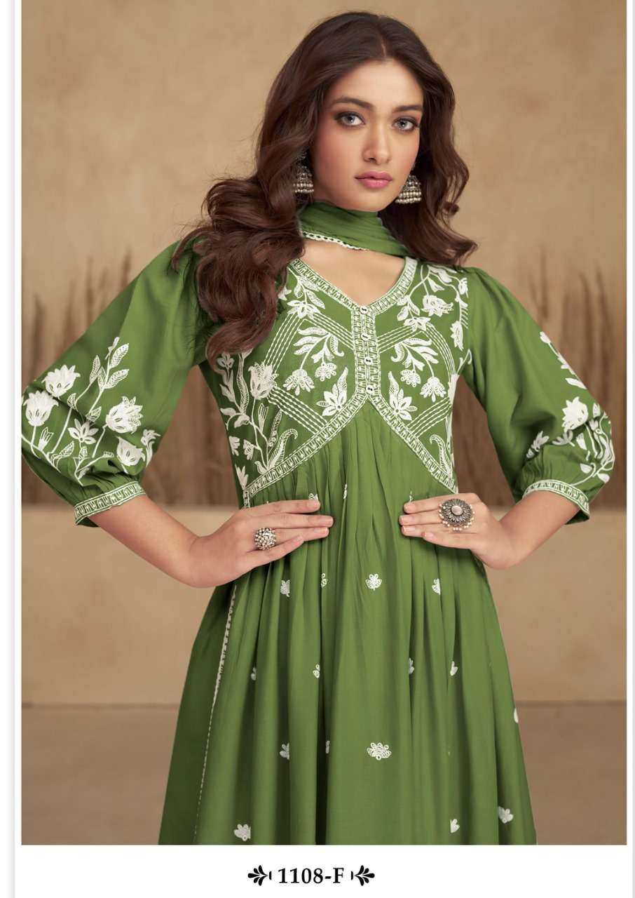AADHRA VOL 5 SILVER COLOR PURE RAYON LAKHNAWI WORK NAYRA CUT KURTI WITH COTTON PLAZZO AND DUPATTA BY S3FOREVER BRAND 1108 F C